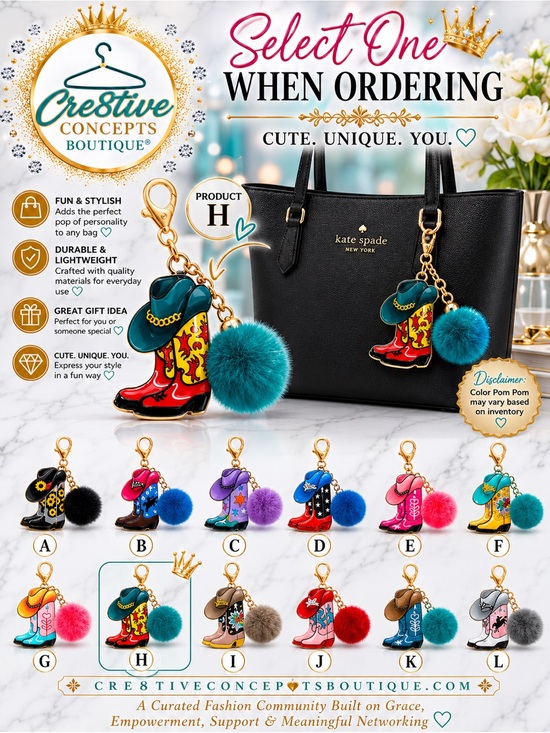 Cre8tive Concepts Boutique®️ Accessories - Western Boot Charm with Pom Bag Charm/ Gold Hardware-(Select One)